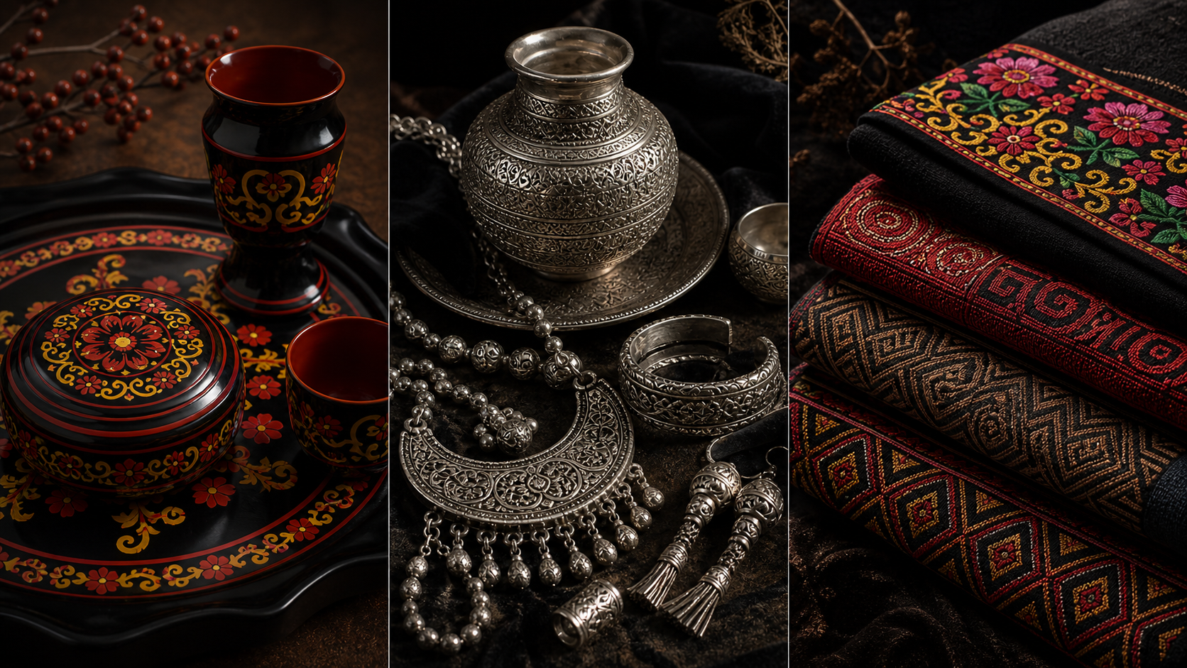 Gift guide pieces arranged with lacquer, silver, and textiles