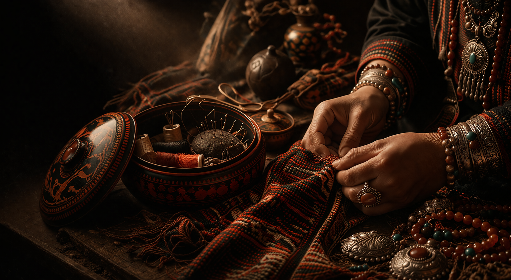 Lacquerware and silver pieces by a rain-lit window